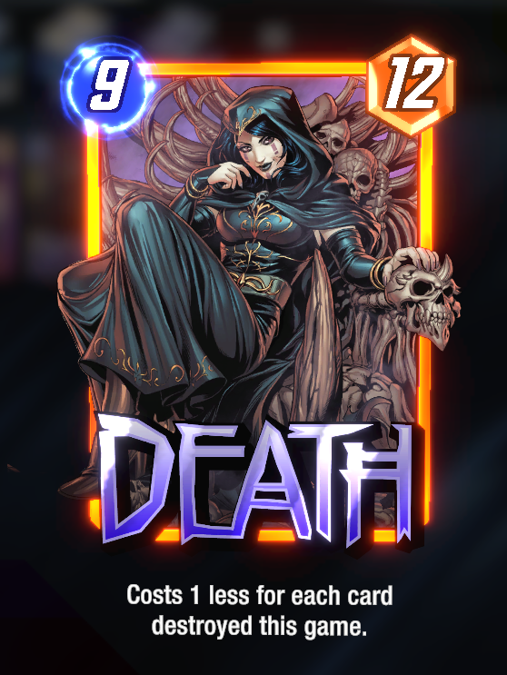 The Death card in Marvel Snap, with its description below.