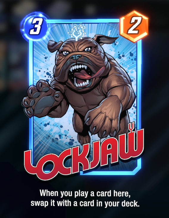The Lockjaw card in Marvel Snap, with its description below.