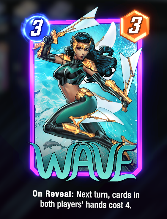 The Wave card in Marvel Snap, with its description below.