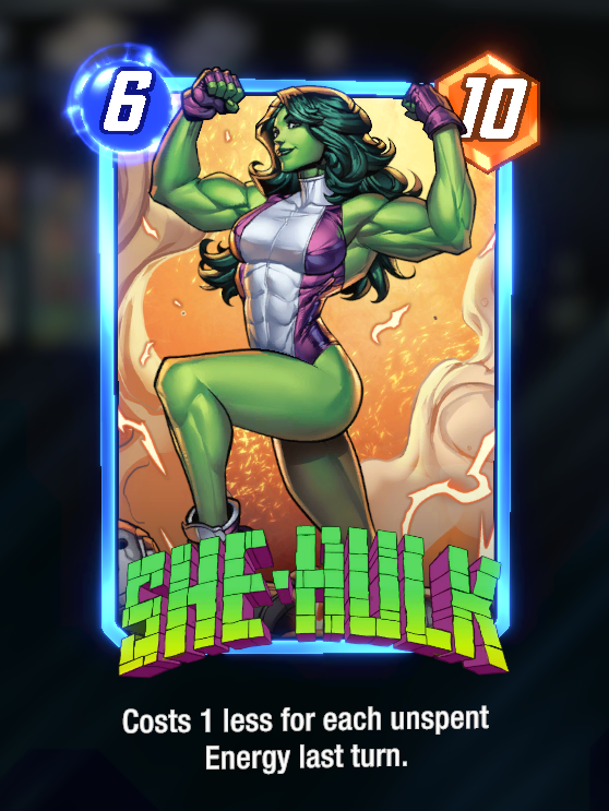 The She-Hulk card in Marvel Snap, with its description below.