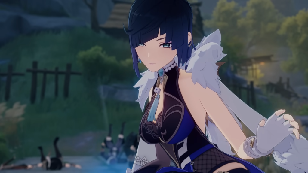 Yelan holding her hand up and looking forward with some enemies she eliminated in the background.