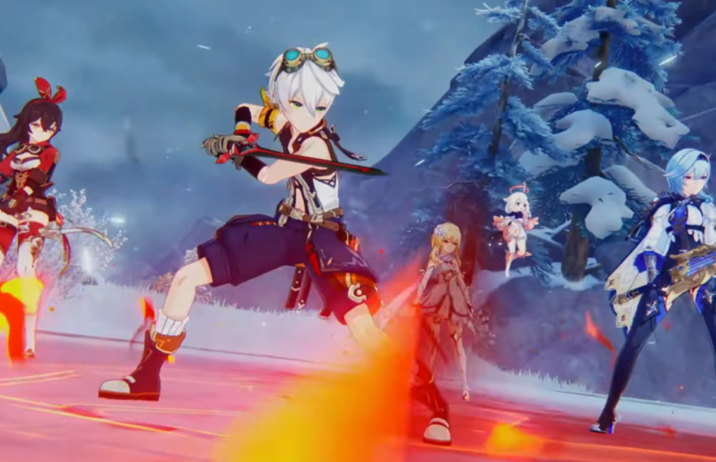 Bennett readying for a fight along with Amber, Lumine, Eula, and Paimon