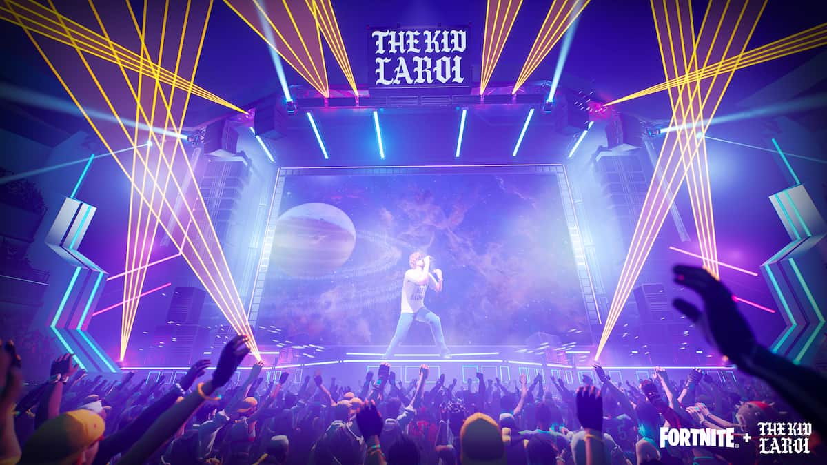 The Kid Laroi singing on a stage in front of a crowd in Fortnite