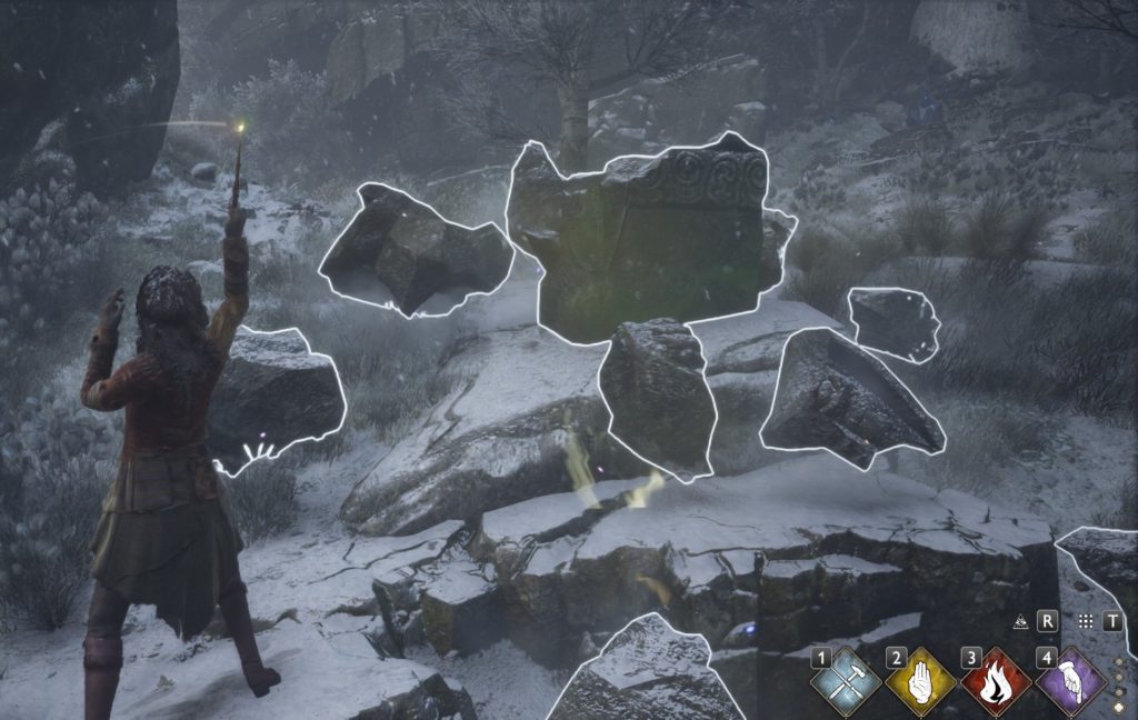 A screenshot of a character performing magic during the broken statue Merlin Trial.