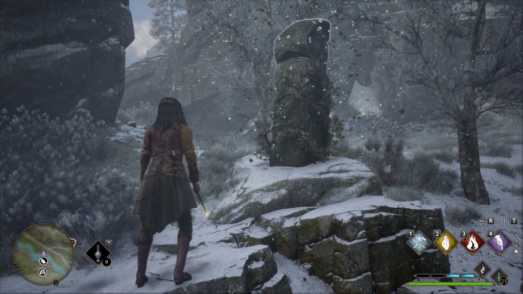 A screenshot of a character performing magic during the broken statue Merlin Trial.