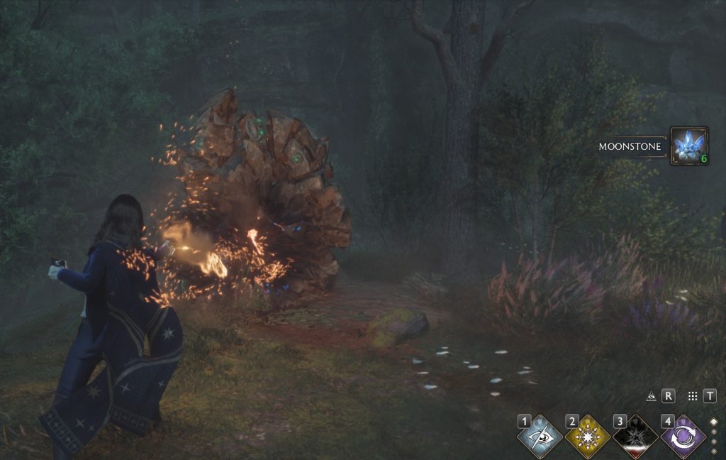 A screenshot of a character performing magic during the stone pillar Merlin Trial.