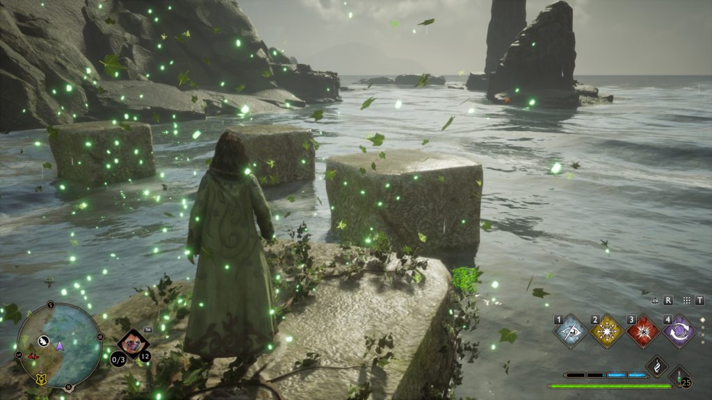 A screenshot of a character standing near the stones pillar parkour Merlin Trial.